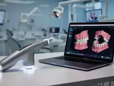 Ein moderner Intraoralscanner neben einem MacBook Pro mit dentalen 3D-Modellen in einer High-Tech-Zahnklinik. - Foto: über boerse-global.de