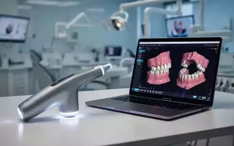Ein moderner Intraoralscanner neben einem MacBook Pro mit dentalen 3D-Modellen in einer High-Tech-Zahnklinik. - Foto: über boerse-global.de
