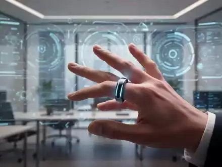 Futuristischer smarter Ring am Finger, der eine Geste vor einer verschwommenen Augmented-Reality-Oberfläche macht. - Foto: über boerse-global.de
