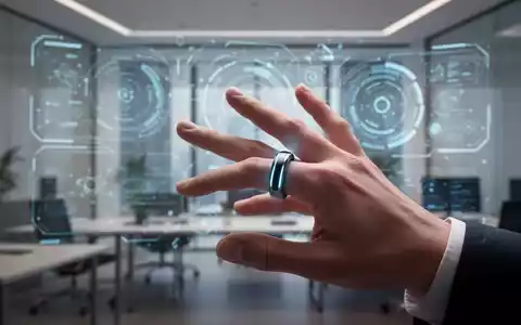 Futuristischer smarter Ring am Finger, der eine Geste vor einer verschwommenen Augmented-Reality-Oberfläche macht. - Foto: über boerse-global.de