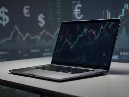 Moderner Laptop auf einem Schreibtisch, mit Hintergrund zu Finanzdaten und globalen Märkten, symbolisiert Technologiepreise. - Foto: über boerse-global.de
