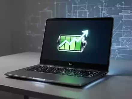 Modernes Dell-Laptop auf schlichtem Schreibtisch, Bildschirm zeigt Batteriesymbol mit aufsteigender Grafik. Dezente Beleuchtung. - Foto: über boerse-global.de