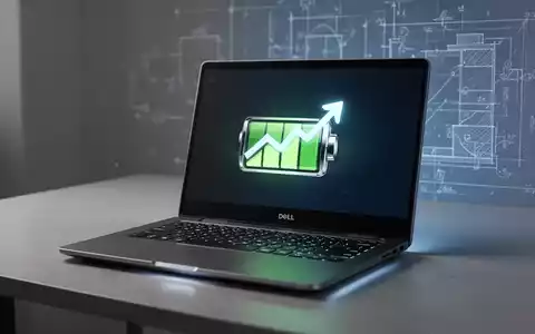 Modernes Dell-Laptop auf schlichtem Schreibtisch, Bildschirm zeigt Batteriesymbol mit aufsteigender Grafik. Dezente Beleuchtung. - Foto: über boerse-global.de