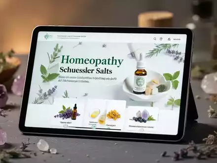 Eine digitale Tablette zeigt eine Webinar-Oberfläche über Homöopathie und Schüßler-Salze, umgeben von verschwommenen Kräutern. - Foto: über boerse-global.de