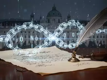 Eine abstrakte Darstellung digitaler und traditioneller Vermögenswerte, mit einer Blockchain und einem rechtlichen Dokument, die sich überlagern. - Foto: über boerse-global.de