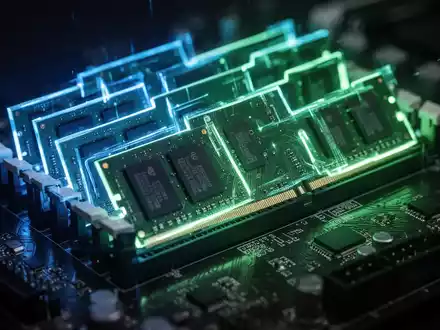 Nahaufnahme von leuchtenden RAM-Riegeln auf einer Platine, die Speicher und Technologieleistung symbolisieren. - Foto: über boerse-global.de