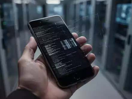 Eine Hand hält ein iPhone SE (2. Generation) mit einem subtilen digitalen Glitch-Effekt auf dem Bildschirm, was auf eine Sicherheitslücke hindeutet. - Foto: über boerse-global.de