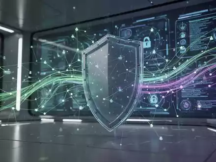 Abstrakte Darstellung von Datenflüssen und Netzwerken, die eine digitale Barriere oder Schutzschild symbolisieren, mit technologischen Farben. - Foto: über boerse-global.de