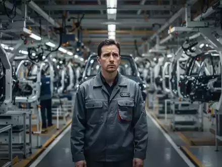 Ein nachdenklicher VW- oder Audi-Mitarbeiter in einer teilweise leeren Fabrikhalle, mit unscharfen Maschinen im Hintergrund. - Foto: über boerse-global.de