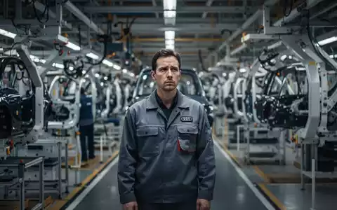 Ein nachdenklicher VW- oder Audi-Mitarbeiter in einer teilweise leeren Fabrikhalle, mit unscharfen Maschinen im Hintergrund. - Foto: über boerse-global.de