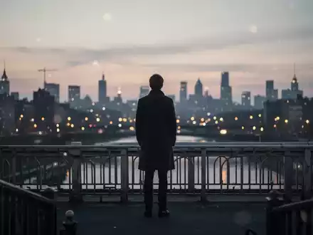 Eine einzelne Person steht auf einer Brücke und blickt bei Sonnenuntergang über eine Stadt, die Einsamkeit symbolisiert. - Foto: über boerse-global.de