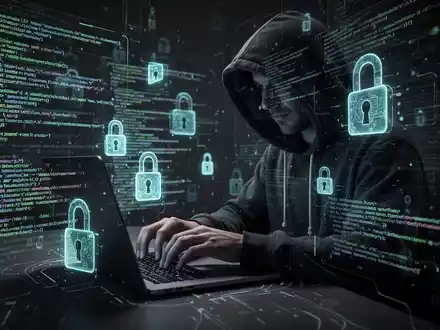 Verschwommene Gestalt in Kapuzenjacke tippt auf Laptop, umgeben von leuchtenden Codezeilen und digitalen Schlössern, symbolisiert KI-Cybersicherheitsbedrohungen. - Foto: über boerse-global.de