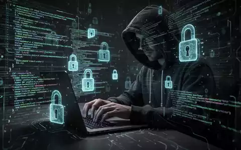 Verschwommene Gestalt in Kapuzenjacke tippt auf Laptop, umgeben von leuchtenden Codezeilen und digitalen Schlössern, symbolisiert KI-Cybersicherheitsbedrohungen. - Foto: über boerse-global.de