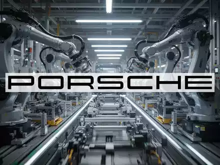 Eine abstrakte Darstellung einer modernen Automobilproduktionsanlage mit Robotern und Montagelinien, die industrielle Präzision und Effizienz symbolisiert. - Foto: über boerse-global.de