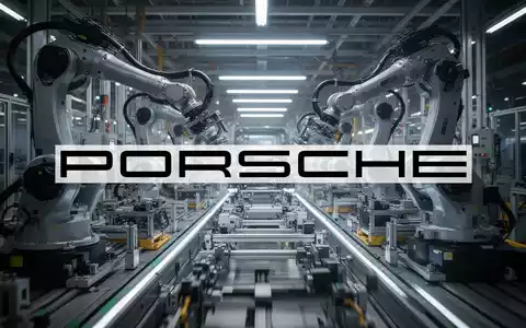 Eine abstrakte Darstellung einer modernen Automobilproduktionsanlage mit Robotern und Montagelinien, die industrielle Präzision und Effizienz symbolisiert. - Foto: über boerse-global.de