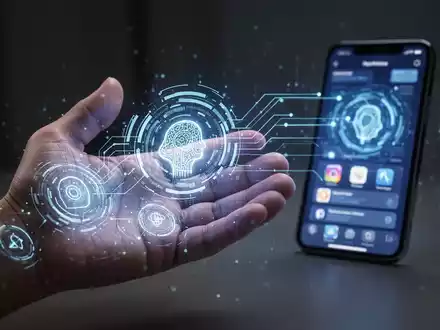 Leuchtende, futuristische KI-Oberfläche auf einer Hand projiziert, Smartphone im Hintergrund, Symbol für digitale Assistenten. - Foto: über boerse-global.de