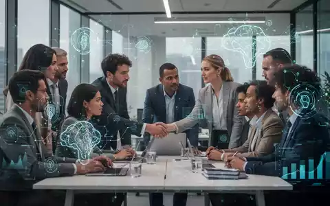 Geschäftsleute in einem modernen Büro bei der Zusammenarbeit, mit subtilen digitalen Overlays, die KI-Integration und Datenfluss darstellen. - Foto: über boerse-global.de
