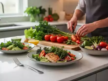 Eine appetitliche pflanzliche Mahlzeit auf einer modernen Küchenarbeitsplatte, mit Händen, die frisches Gemüse zubereiten. - Foto: über boerse-global.de