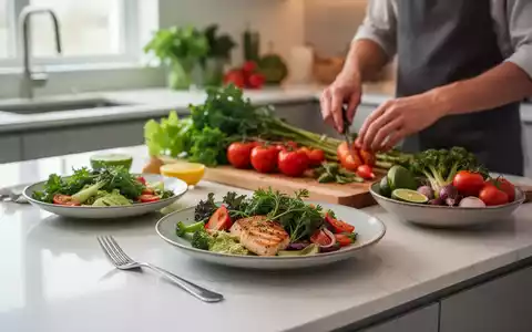 Eine appetitliche pflanzliche Mahlzeit auf einer modernen Küchenarbeitsplatte, mit Händen, die frisches Gemüse zubereiten. - Foto: über boerse-global.de