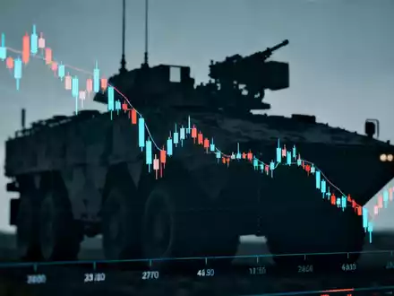 Abstrakte Darstellung eines Börsengangs mit Bewertungsabschlag, symbolisiert durch einen fallenden Börsenticker und militärische Silhouette. - Foto: über boerse-global.de
