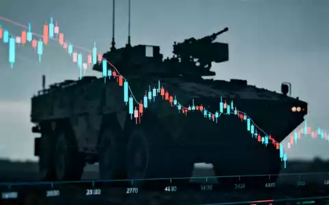 Abstrakte Darstellung eines Börsengangs mit Bewertungsabschlag, symbolisiert durch einen fallenden Börsenticker und militärische Silhouette. - Foto: über boerse-global.de
