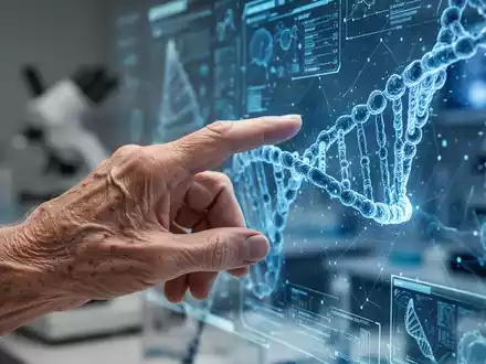 Eine Nahaufnahme einer menschlichen Hand, die eine digitale Oberfläche mit biologischen Daten berührt, im Kontext medizinischer Forschung. - Foto: über boerse-global.de
