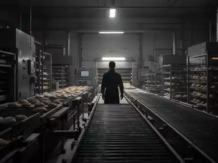 Eine leere Produktionslinie in einer Bäckerei mit einer Silhouette eines einzelnen Arbeiters, der die Linie betrachtet. - Foto: über boerse-global.de
