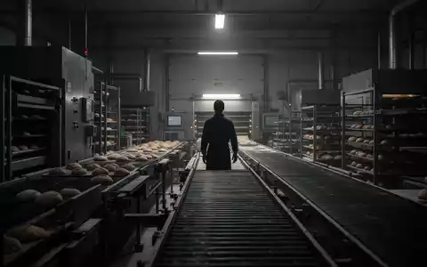 Eine leere Produktionslinie in einer Bäckerei mit einer Silhouette eines einzelnen Arbeiters, der die Linie betrachtet. - Foto: über boerse-global.de