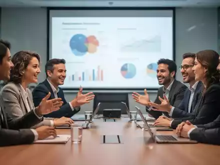 Eine Gruppe von Betriebsräten diskutiert lebhaft in einem modernen Konferenzraum, mit einem unscharfen Bildschirm im Hintergrund. - Foto: über boerse-global.de