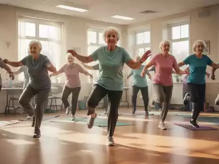 Eine vielfältige Gruppe von Erwachsenen, darunter Senioren, nimmt an einem Fitnesskurs in einem hellen Gemeinschaftsraum teil. - Foto: über boerse-global.de