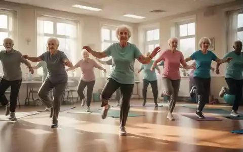 Eine vielfältige Gruppe von Erwachsenen, darunter Senioren, nimmt an einem Fitnesskurs in einem hellen Gemeinschaftsraum teil. - Foto: über boerse-global.de