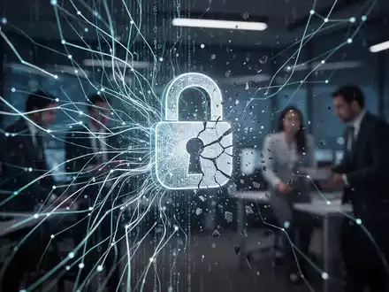 Abstrakte Darstellung digitaler Sicherheitsbedrohungen in Kryptowährungen. Ein zerbrochenes Schloss-Symbol umgeben von Datenströmen. Im Hintergrund verschwommene Ermittler. - Foto: über boerse-global.de