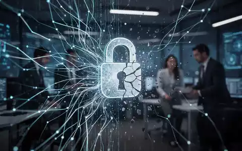 Abstrakte Darstellung digitaler Sicherheitsbedrohungen in Kryptowährungen. Ein zerbrochenes Schloss-Symbol umgeben von Datenströmen. Im Hintergrund verschwommene Ermittler. - Foto: über boerse-global.de