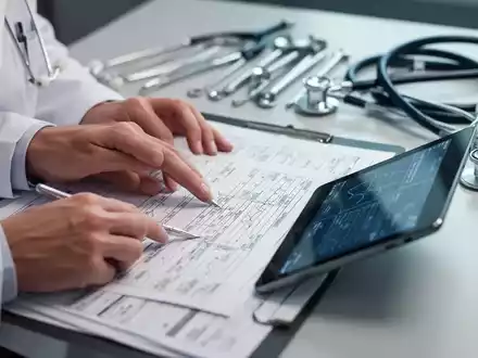 Nahaufnahme der Hände eines Arztes, der medizinische Unterlagen und ein Tablet prüft, mit verschwommenen Instrumenten im Hintergrund. - Foto: über boerse-global.de