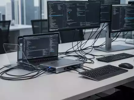 Ein Laptop ist über eine Dockingstation mit externen Monitoren und Peripheriegeräten an einem modernen Arbeitsplatz verbunden. - Foto: über boerse-global.de
