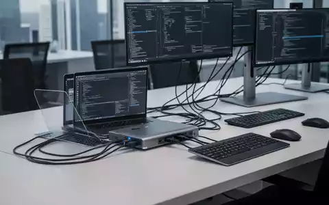 Ein Laptop ist über eine Dockingstation mit externen Monitoren und Peripheriegeräten an einem modernen Arbeitsplatz verbunden. - Foto: über boerse-global.de