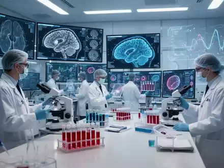 Wissenschaftler in einem modernen Labor untersuchen Hirnscans und Blutproben auf Bildschirmen, symbolisierend Präventionsmedizin und Früherkennung. - Foto: über boerse-global.de