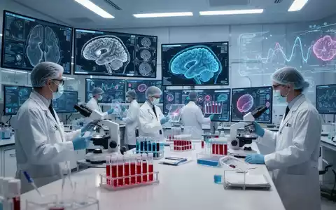 Wissenschaftler in einem modernen Labor untersuchen Hirnscans und Blutproben auf Bildschirmen, symbolisierend Präventionsmedizin und Früherkennung. - Foto: über boerse-global.de