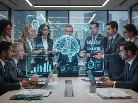 Geschäftsleute arbeiten in einem modernen Büro zusammen, um Datenstrategien und den Einsatz von KI am Arbeitsplatz zu entwickeln. - Foto: über boerse-global.de
