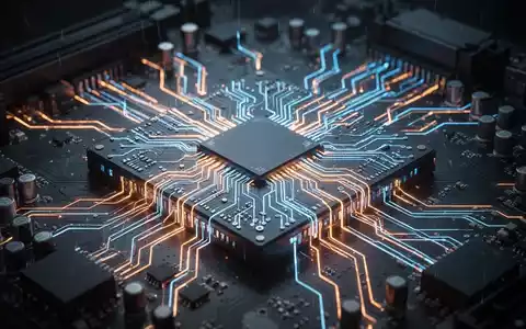 Nahaufnahme einer futuristischen CPU auf einem Mainboard mit leuchtenden Stromspuren und komplexen Siliziumbahnen. - Foto: über boerse-global.de
