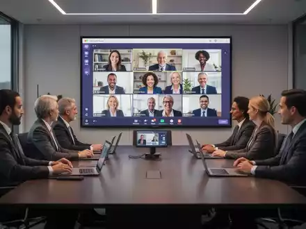 Moderner Konferenzraum mit Großbildschirm für ein virtuelles Meeting. Fachleute arbeiten zusammen, einige im Raum, andere online. - Foto: über boerse-global.de
