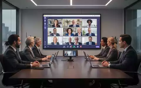 Moderner Konferenzraum mit Großbildschirm für ein virtuelles Meeting. Fachleute arbeiten zusammen, einige im Raum, andere online. - Foto: über boerse-global.de