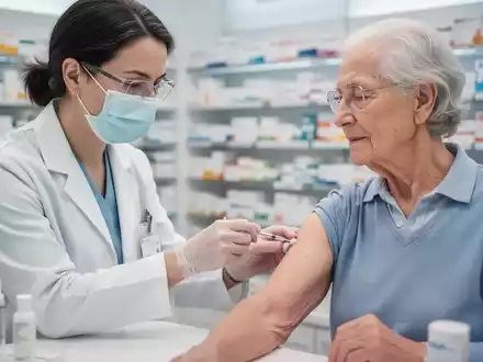 Eine Apothekerin verabreicht einer älteren Patientin eine Impfung, mit medizinischer Ausrüstung im Vordergrund. - Foto: über boerse-global.de