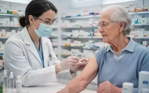 Eine Apothekerin verabreicht einer älteren Patientin eine Impfung, mit medizinischer Ausrüstung im Vordergrund. - Foto: über boerse-global.de