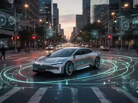 Autonomes Auto mit digitalen Overlays, die prädiktive Sicherheitsdaten zeigen, an einer Stadtkreuzung in der Dämmerung. - Foto: über boerse-global.de