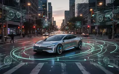 Autonomes Auto mit digitalen Overlays, die prädiktive Sicherheitsdaten zeigen, an einer Stadtkreuzung in der Dämmerung. - Foto: über boerse-global.de