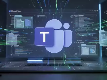 Leuchtendes, stilisiertes Microsoft Teams-Logo auf futuristischem Desktop mit abstrakten Datenströmen und Dateien. - Foto: über boerse-global.de