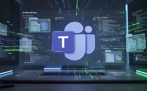 Leuchtendes, stilisiertes Microsoft Teams-Logo auf futuristischem Desktop mit abstrakten Datenströmen und Dateien. - Foto: über boerse-global.de