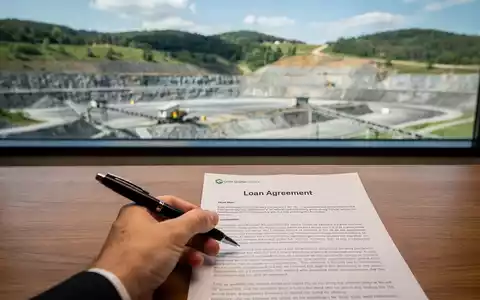 Eine Hand hält einen Stift über einem Kreditvertrag, im Hintergrund eine nachhaltige Graphitmine. - Foto: über boerse-global.de