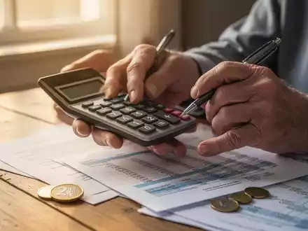 Hände einer älteren Person, die einen Taschenrechner und einen Stift halten, mit Finanzdokumenten und einer Euro-Münze auf einem Schreibtisch. - Foto: über boerse-global.de